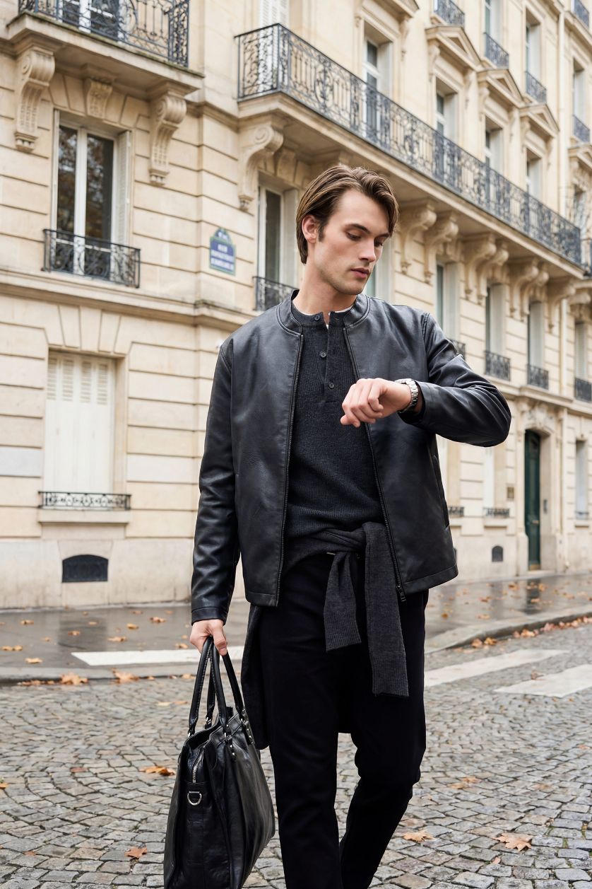 MAN Black Waterproof Slim Fit Stand Collar Faux Leather Jacket