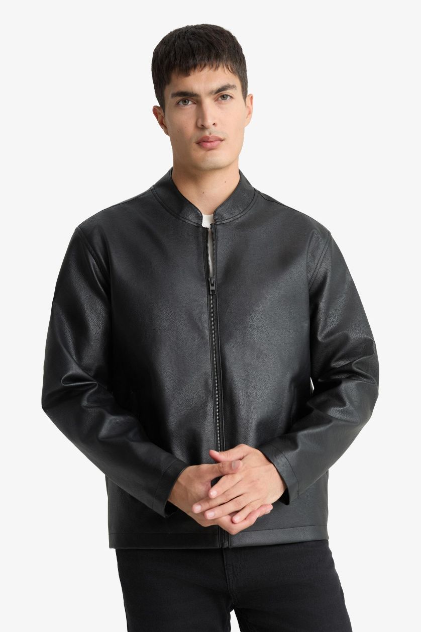 MAN Black Waterproof Slim Fit Stand Collar Faux Leather Jacket