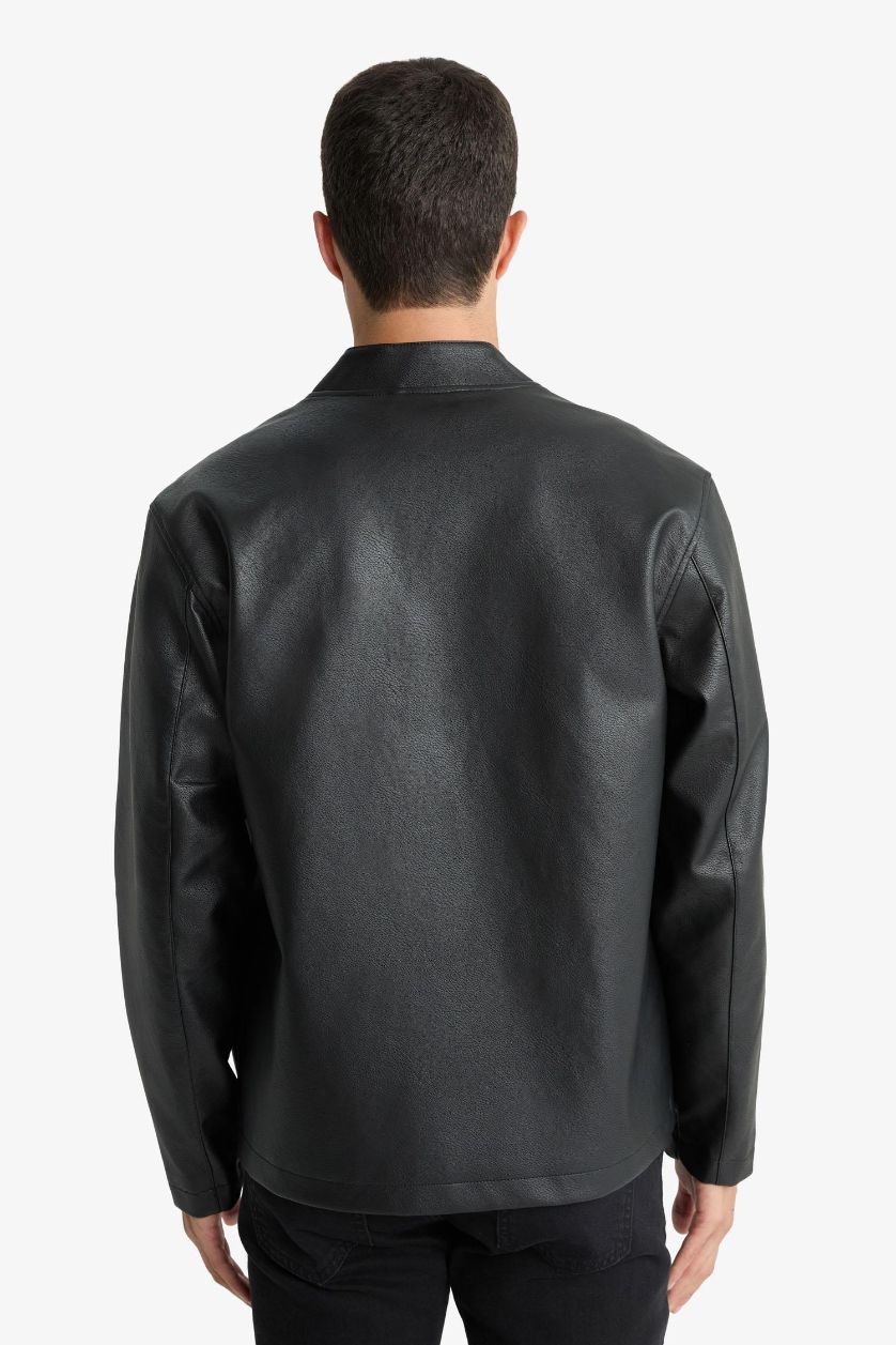 MAN Black Waterproof Slim Fit Stand Collar Faux Leather Jacket