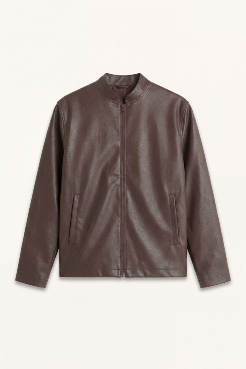 MAN Brown Water Repellent Zipper Faux Leather Jacket