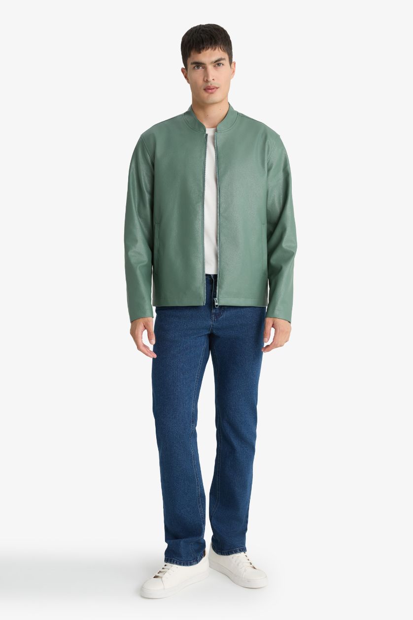 رجالي كاكي جاكيت جلد صناعي وتر بروف سليم فيت بياقة عالية