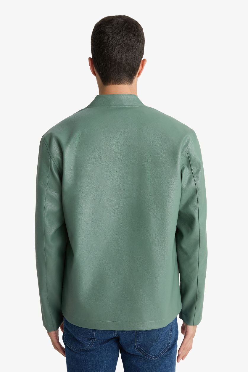 رجالي كاكي جاكيت جلد صناعي وتر بروف سليم فيت بياقة عالية