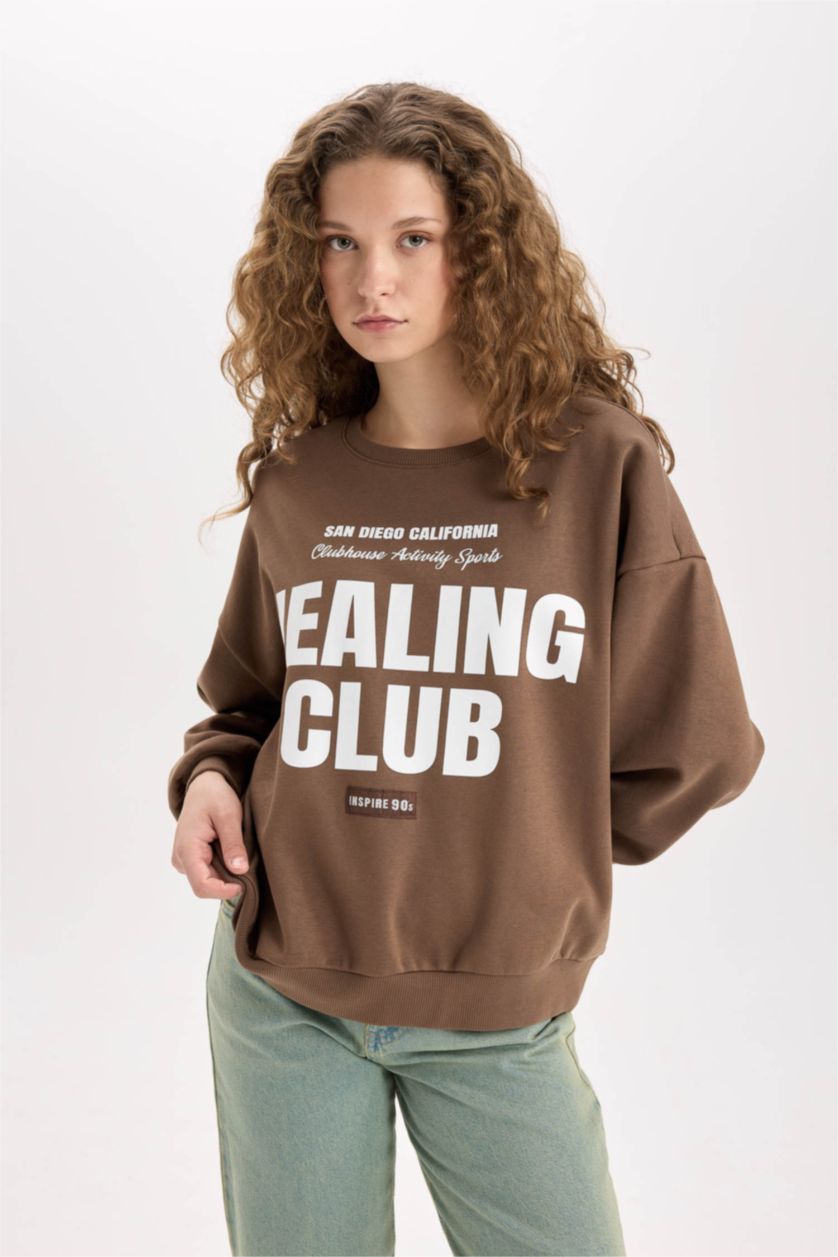 Kadın Kahve Loose Fit Bisiklet Yaka Baskılı Kalın Sweatshirt