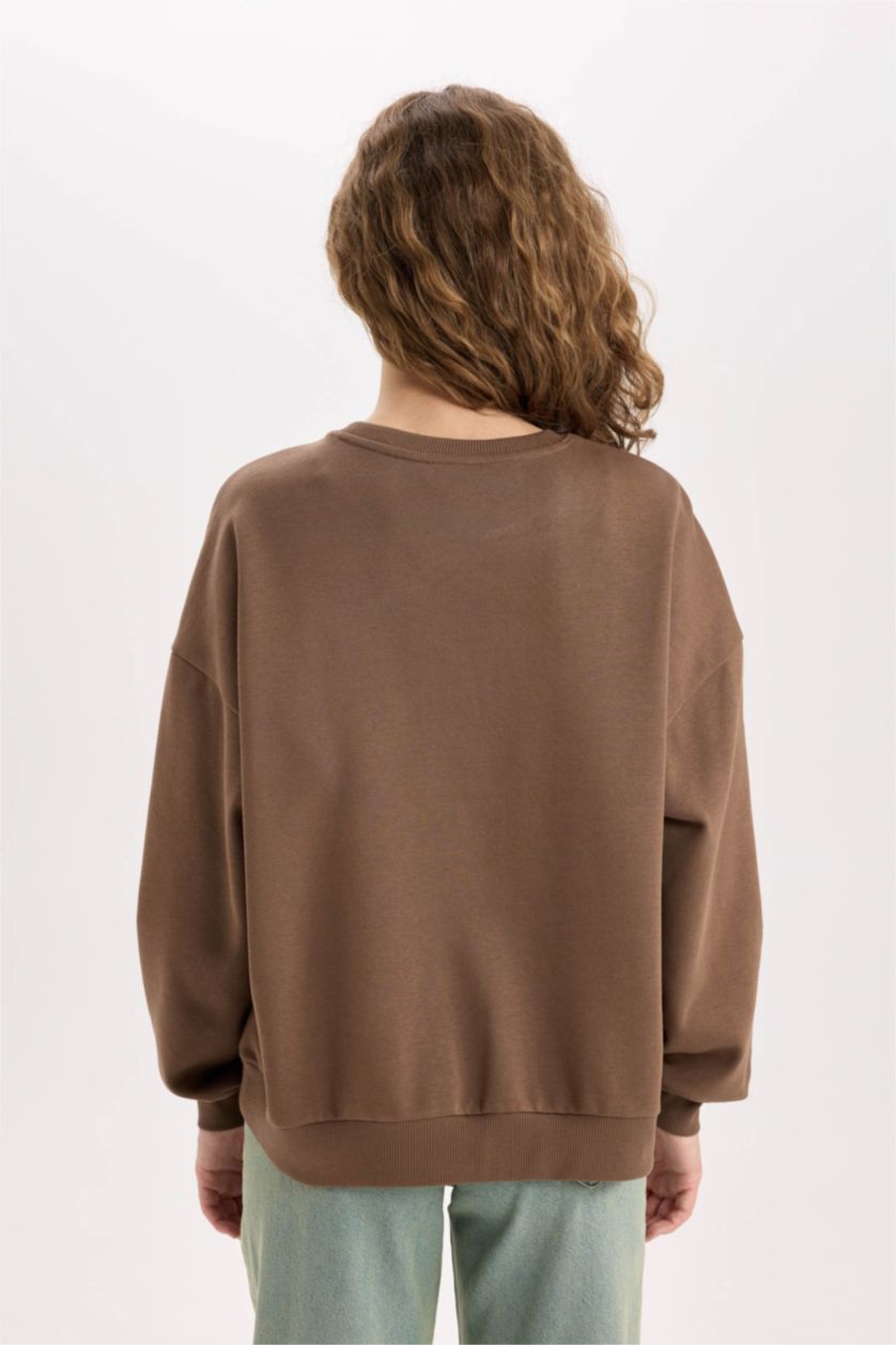 Kadın Kahve Loose Fit Bisiklet Yaka Baskılı Kalın Sweatshirt