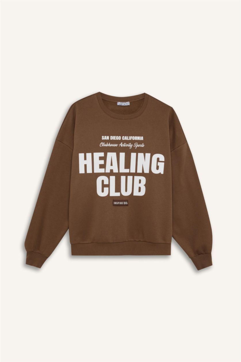 Kadın Kahve Loose Fit Bisiklet Yaka Baskılı Kalın Sweatshirt