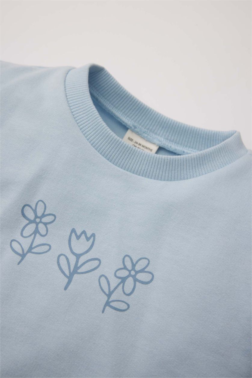 Kız Bebek Açık Mavi Bisiklet Yaka Çiçekli Sweatshirt Kız Bebek
