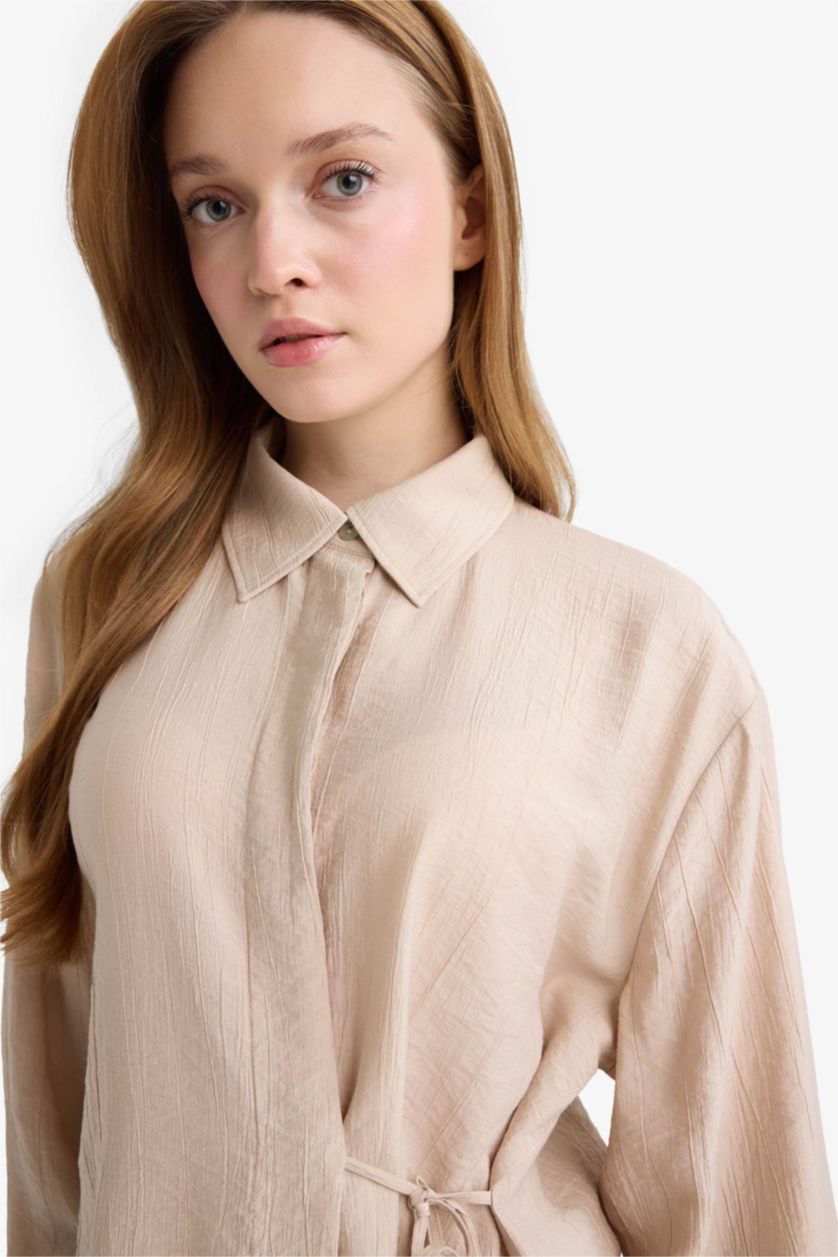 Kadın Açık Taş Regular Fit Büzgülü Krinkıl Kumaş Uzun Kollu Gömlek