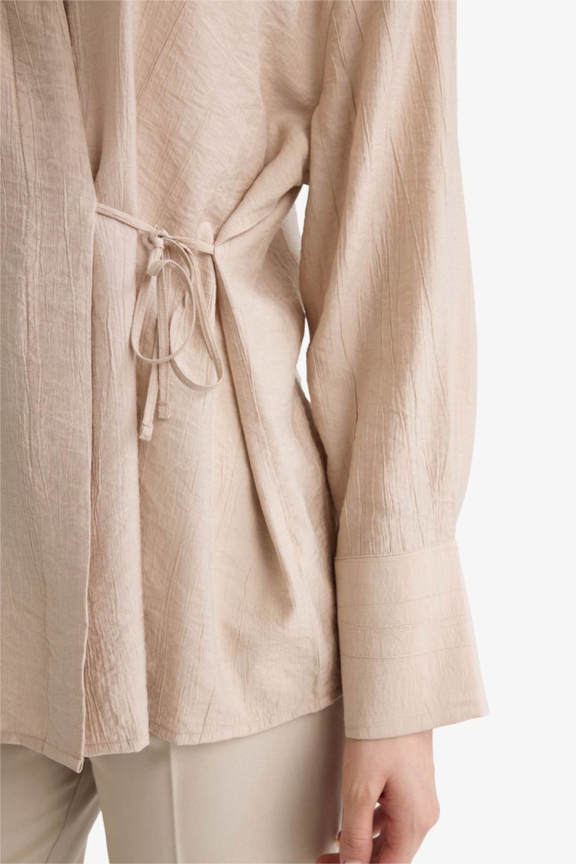 Kadın Açık Taş Regular Fit Büzgülü Krinkıl Kumaş Uzun Kollu Gömlek