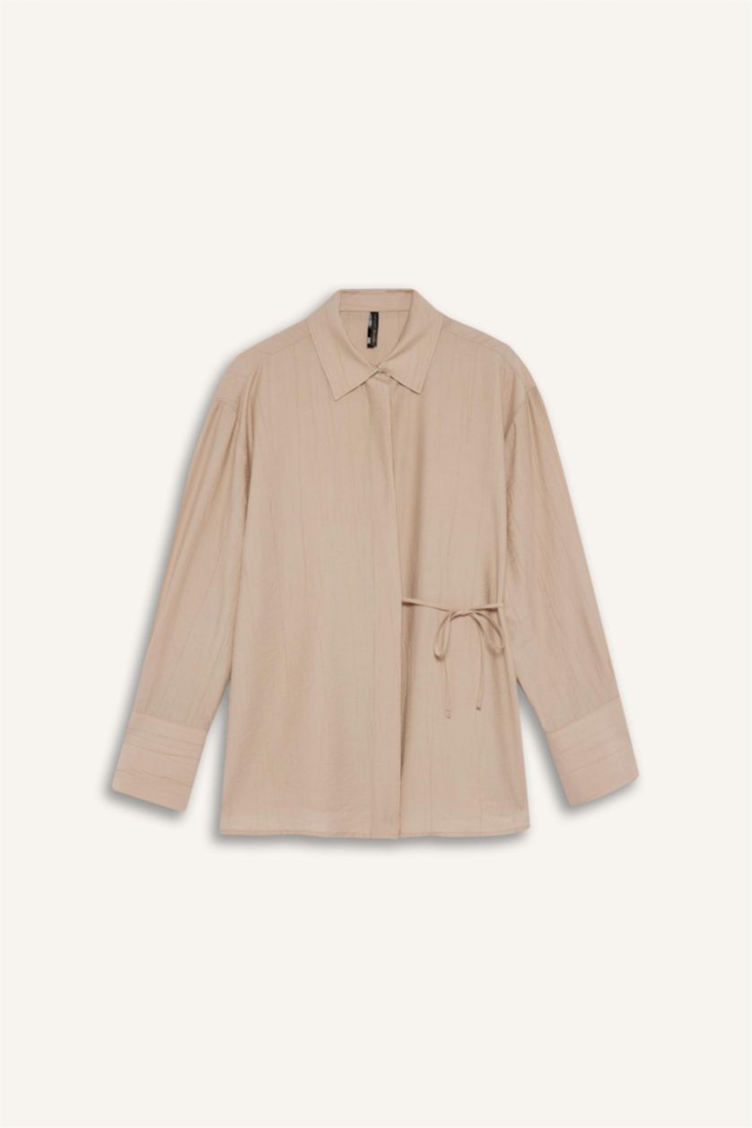 Kadın Açık Taş Regular Fit Büzgülü Krinkıl Kumaş Uzun Kollu Gömlek