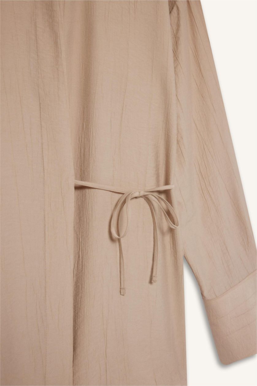 Kadın Açık Taş Regular Fit Büzgülü Krinkıl Kumaş Uzun Kollu Gömlek