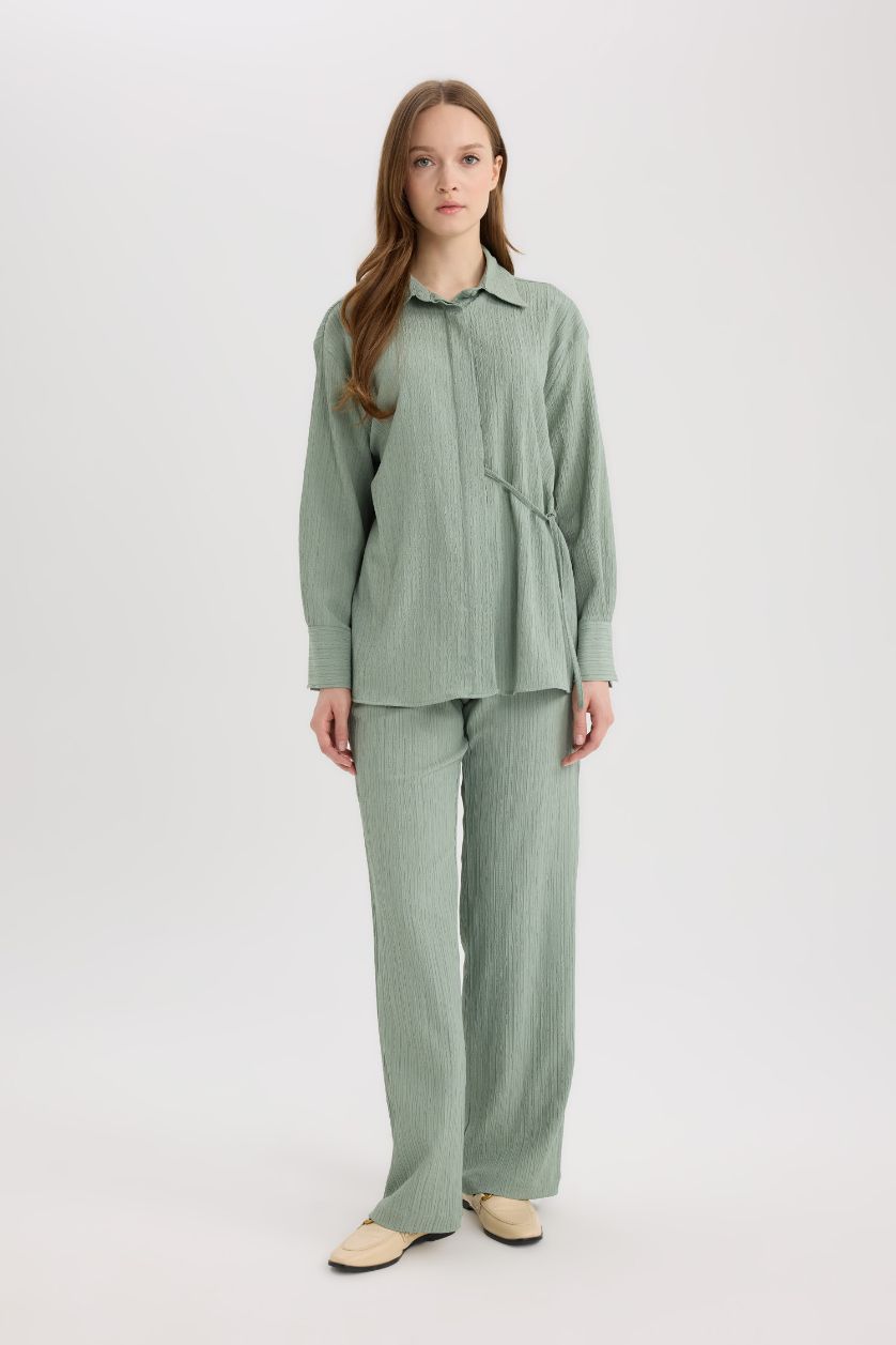Kadın Açık Yeşil Regular Fit Büzgülü Krinkıl Kumaş Uzun Kollu Gömlek