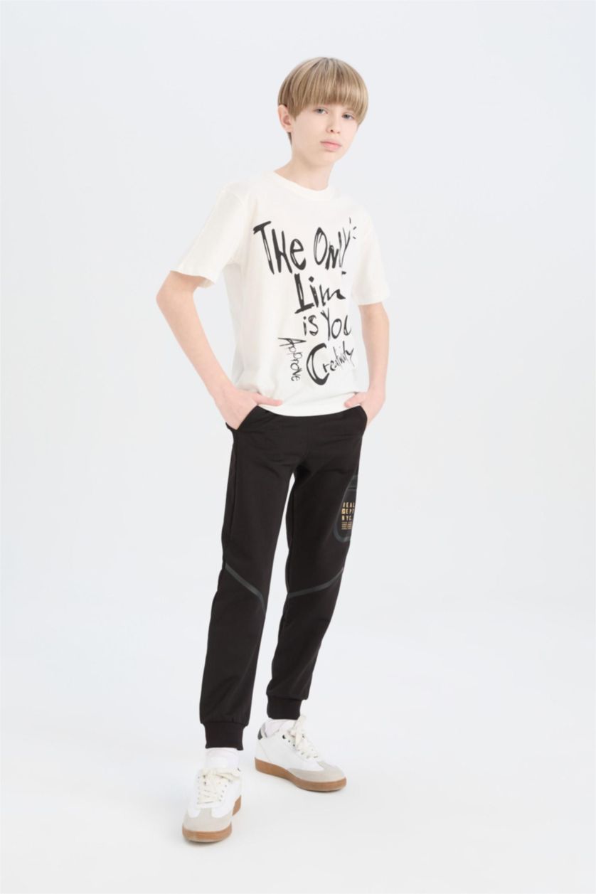 BOYS & TEENS Black Boy Printed Elastic Waist Leg Sweatpants