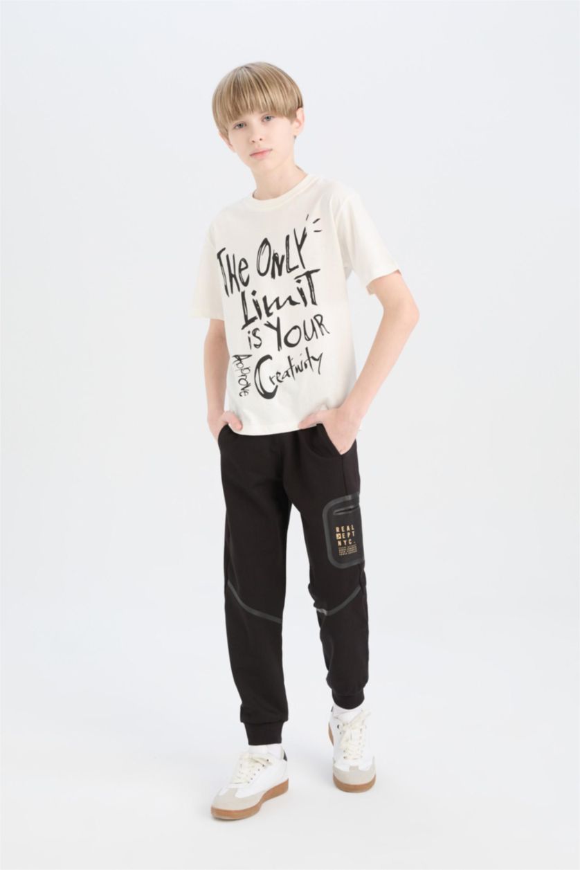 BOYS & TEENS Black Boy Printed Elastic Waist Leg Sweatpants