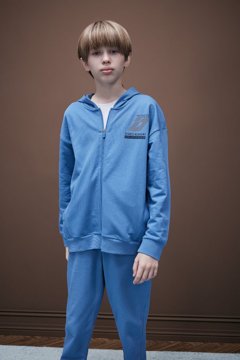 Boys & Teens Indigo Boy Printed Hooded Sweatshirt Fabric Cardigan