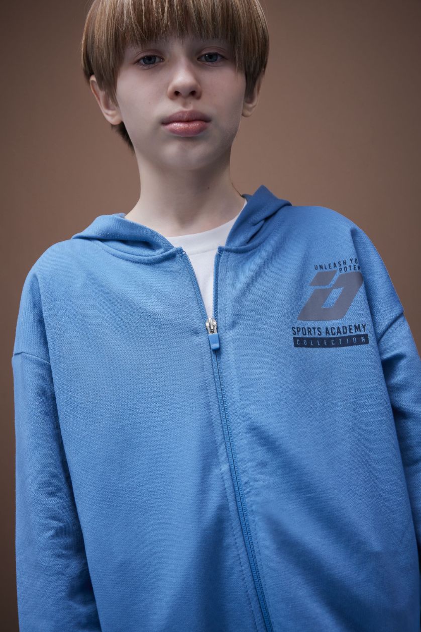 Boys & Teens Indigo Boy Printed Hooded Sweatshirt Fabric Cardigan