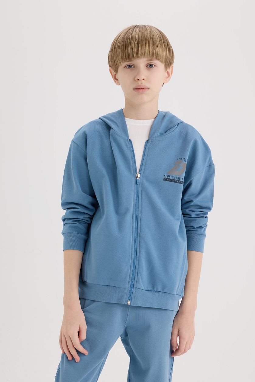 Boys & Teens Indigo Boy Printed Hooded Sweatshirt Fabric Cardigan