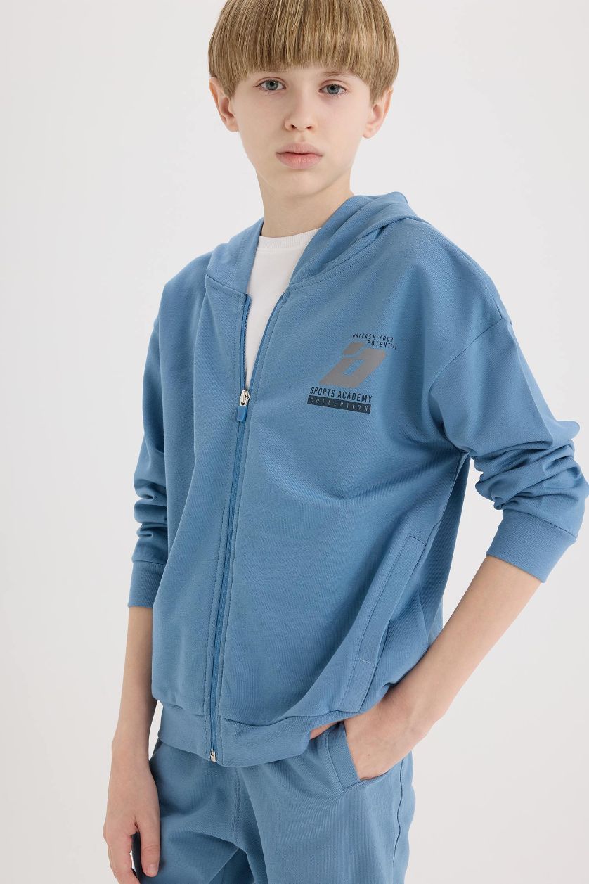 Boys & Teens Indigo Boy Printed Hooded Sweatshirt Fabric Cardigan