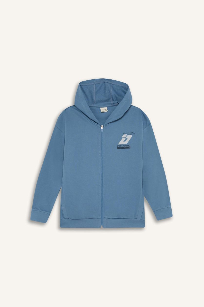 Boys & Teens Indigo Boy Printed Hooded Sweatshirt Fabric Cardigan