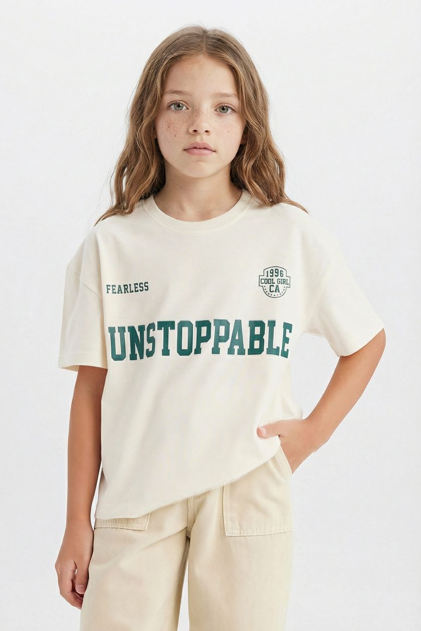 Kız Çocuk - Genç Kız Ekru Relax Fit Bisiklet Yaka Baskılı Kısa Kollu Tişört Kız Çocuk