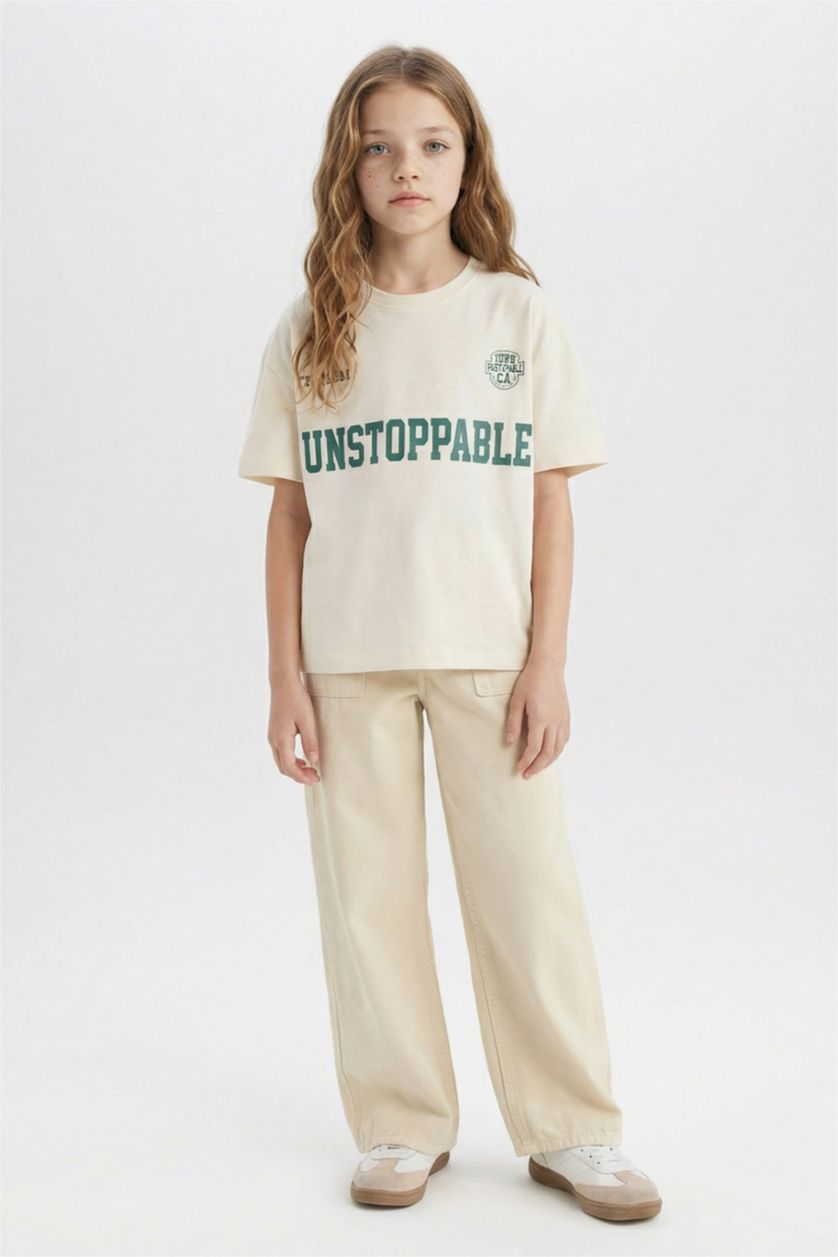 Kız Çocuk - Genç Kız Ekru Relax Fit Bisiklet Yaka Baskılı Kısa Kollu Tişört Kız Çocuk