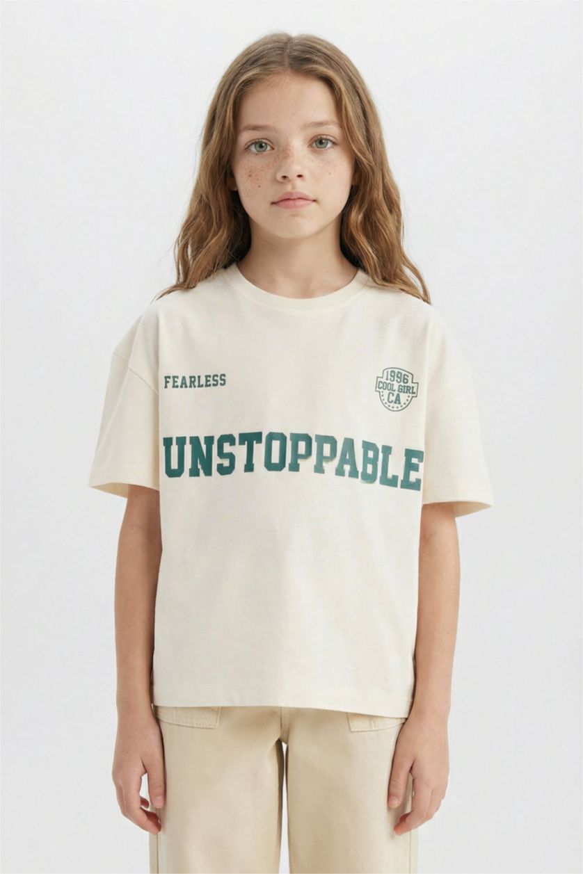 Kız Çocuk - Genç Kız Ekru Relax Fit Bisiklet Yaka Baskılı Kısa Kollu Tişört Kız Çocuk