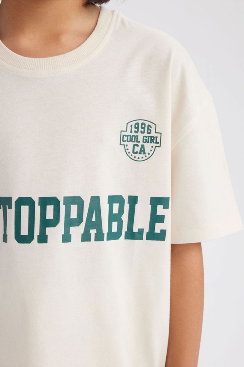 Kız Çocuk - Genç Kız Ekru Relax Fit Bisiklet Yaka Baskılı Kısa Kollu Tişört Kız Çocuk