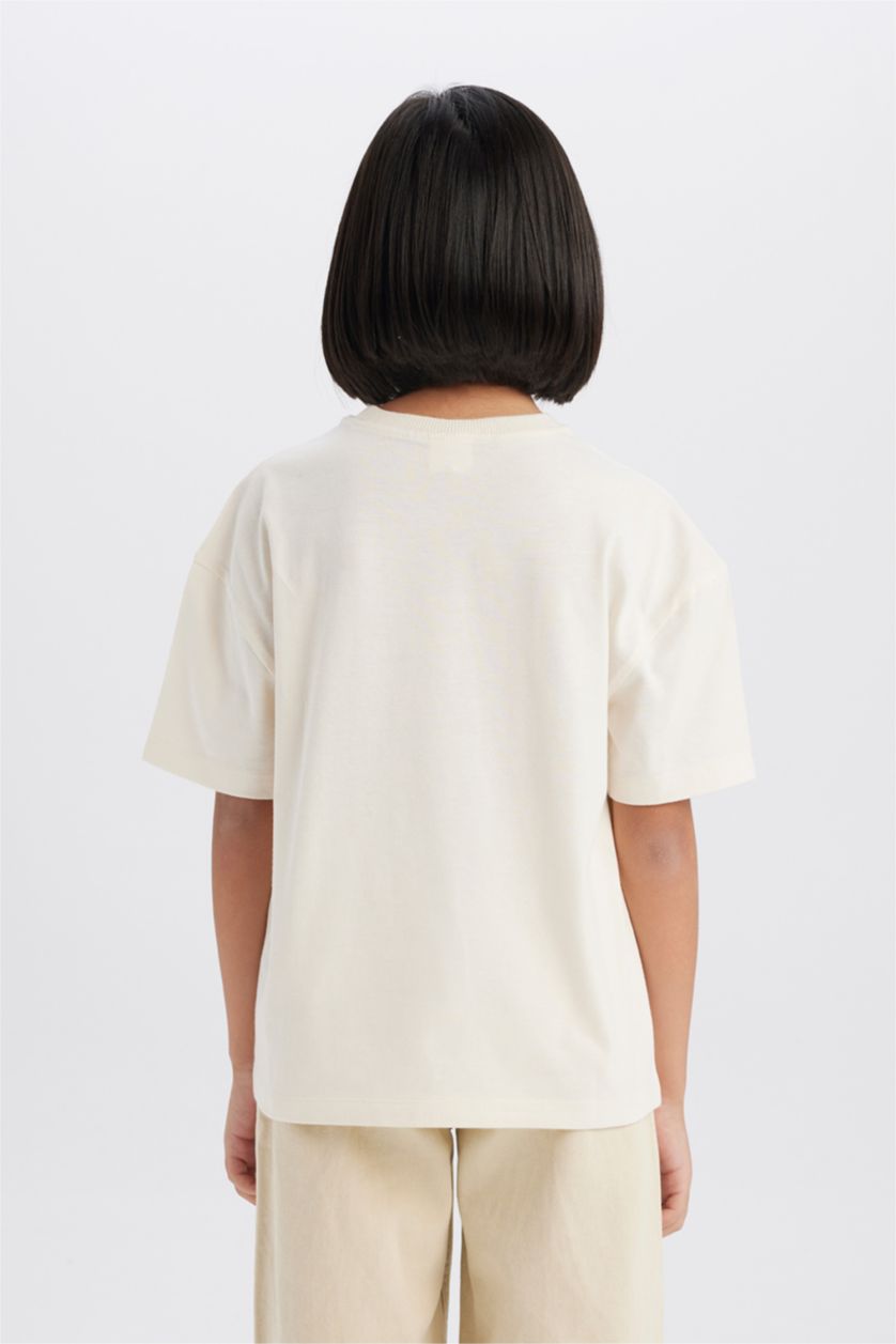 Kız Çocuk - Genç Kız Ekru Relax Fit Bisiklet Yaka Baskılı Kısa Kollu Tişört Kız Çocuk