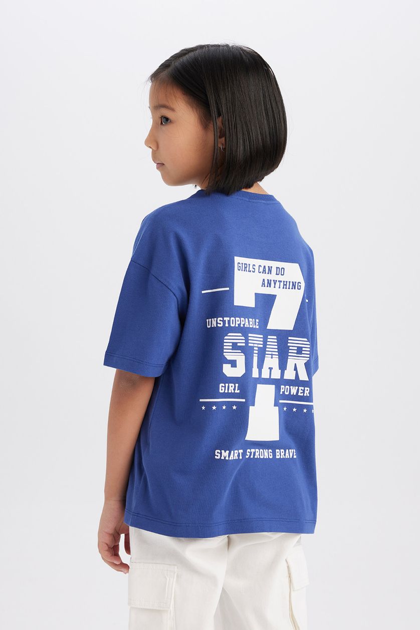 Kız Çocuk - Genç Kız İndigo Oversize Geniş Kalıp Bisiklet Yaka Sırt Baskılı Kısa Kollu Tişört Kız Çocuk