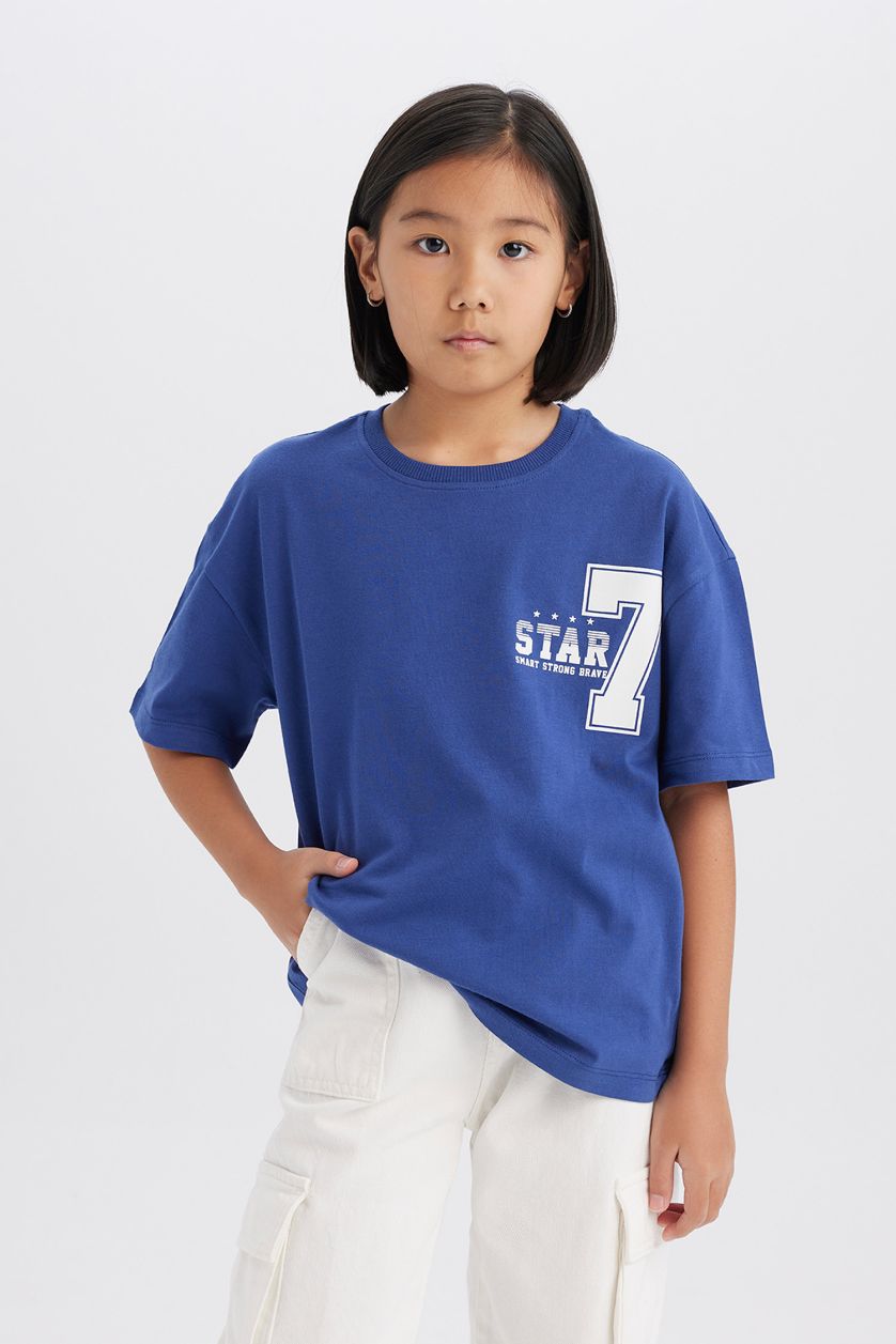 Kız Çocuk - Genç Kız İndigo Oversize Geniş Kalıp Bisiklet Yaka Sırt Baskılı Kısa Kollu Tişört Kız Çocuk