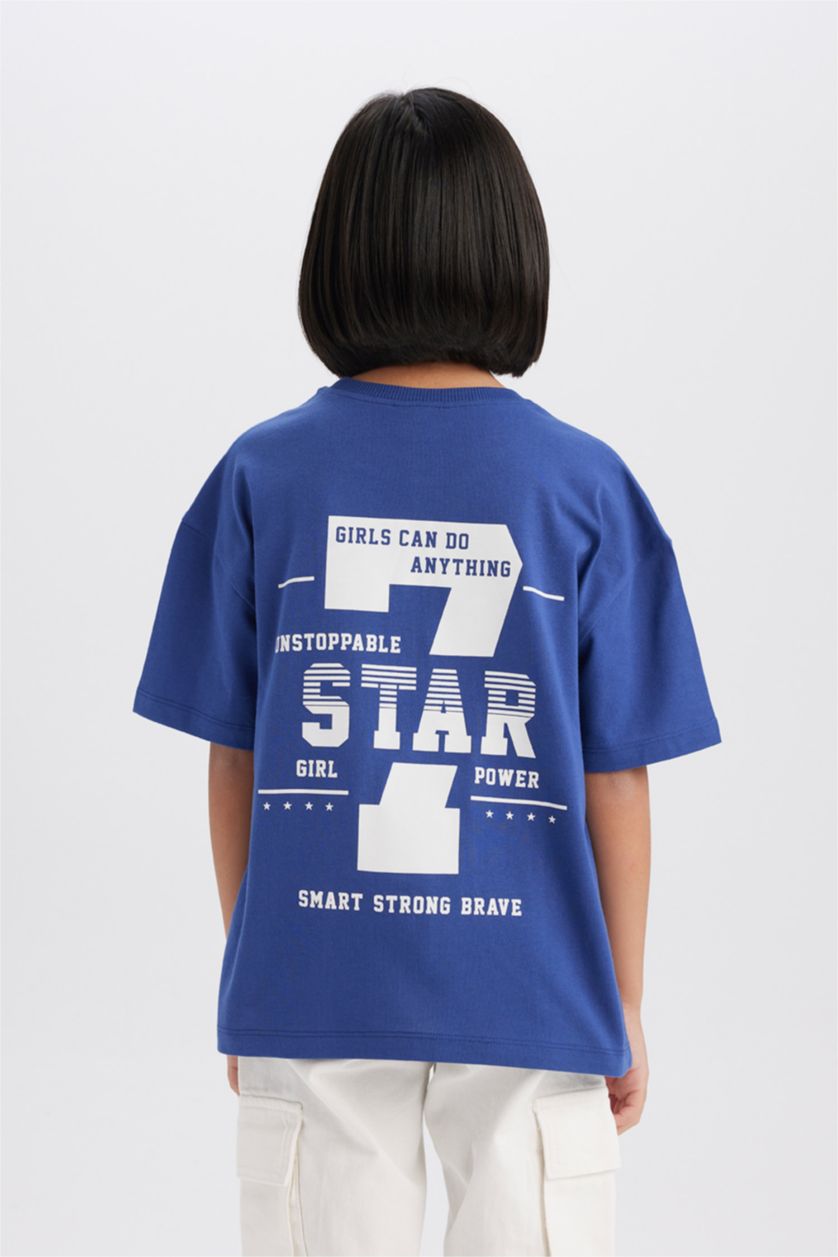 Kız Çocuk - Genç Kız İndigo Oversize Geniş Kalıp Bisiklet Yaka Sırt Baskılı Kısa Kollu Tişört Kız Çocuk