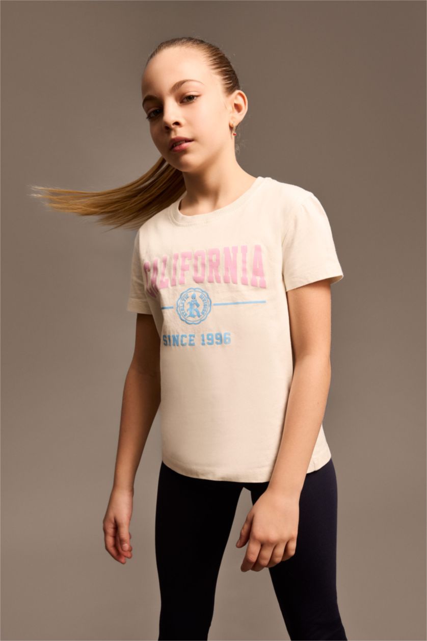 Girls & Teens Ecru Girl Crew Neck Printed Short Sleeve T-Shirt