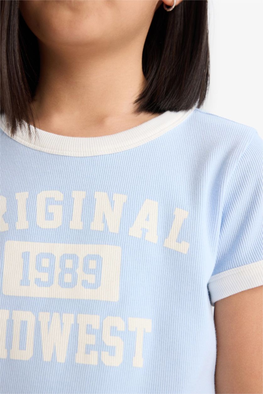 Girls & Teens Light Blue Girl Slim Fit Crew Neck Printed Corduroy T-Shirt