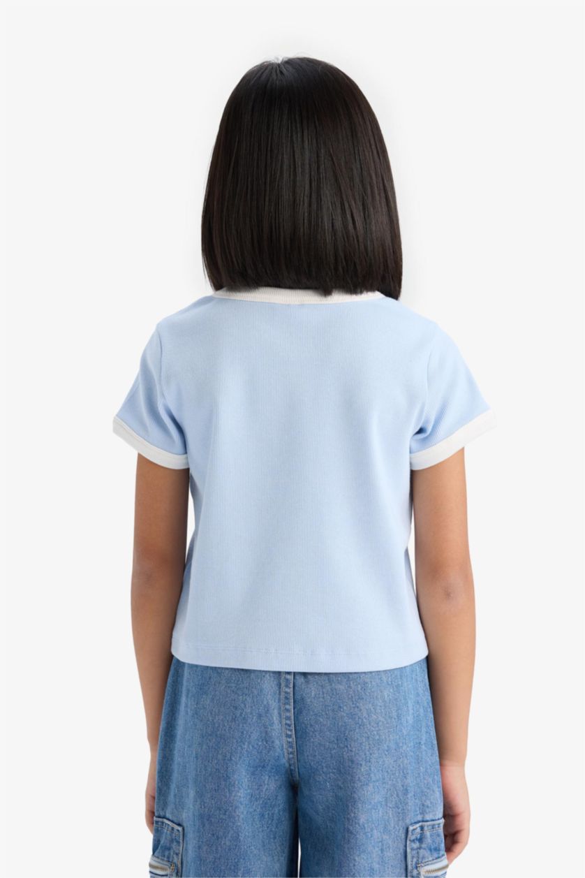 Girls & Teens Light Blue Girl Slim Fit Crew Neck Printed Corduroy T-Shirt
