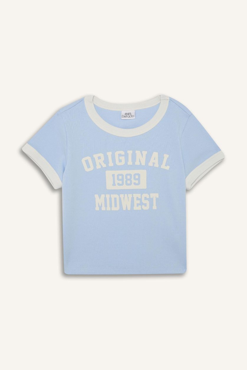 Girls & Teens Light Blue Girl Slim Fit Crew Neck Printed Corduroy T-Shirt