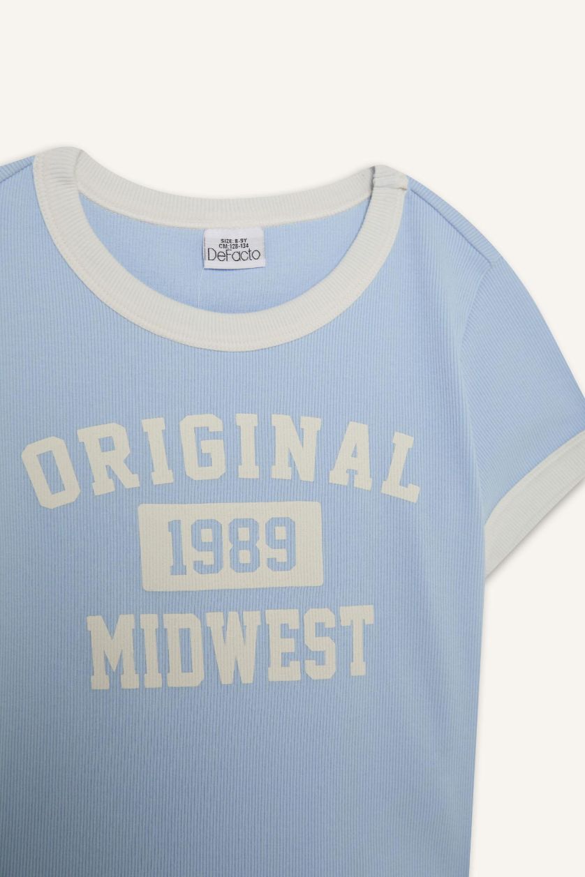 Girls & Teens Light Blue Girl Slim Fit Crew Neck Printed Corduroy T-Shirt