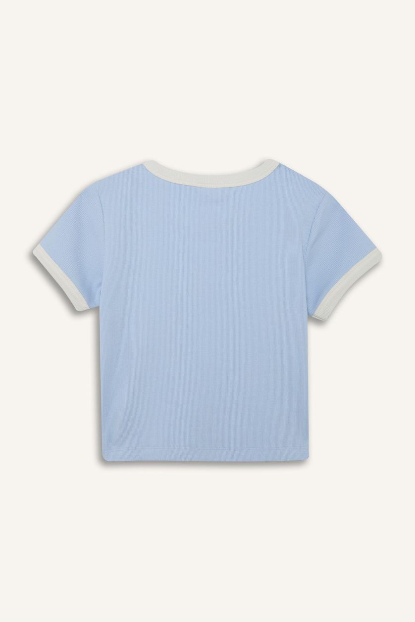 Girls & Teens Light Blue Girl Slim Fit Crew Neck Printed Corduroy T-Shirt