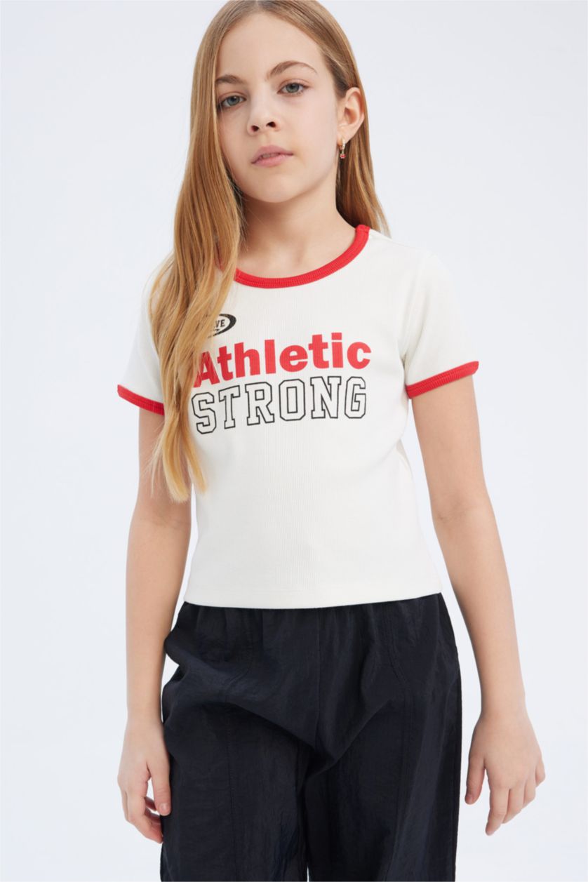 Kız Çocuk - Genç Kız Ekru Slim Fit Dar Kesim Bisiklet Yaka Baskılı Fitilli Kaşkorse Kısa Kollu Tişört Kız Çocuk