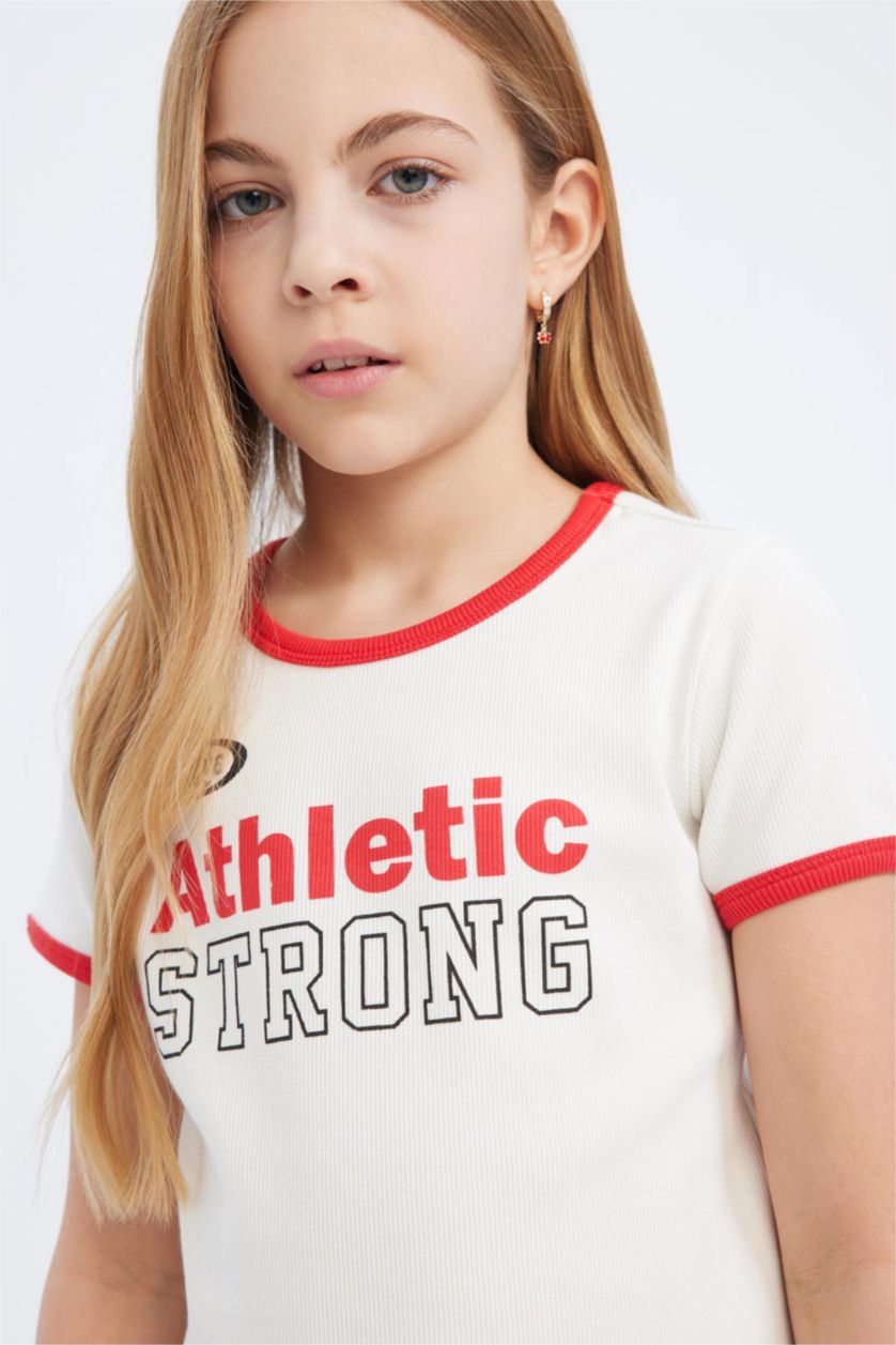 Kız Çocuk - Genç Kız Ekru Slim Fit Dar Kesim Bisiklet Yaka Baskılı Fitilli Kaşkorse Kısa Kollu Tişört Kız Çocuk