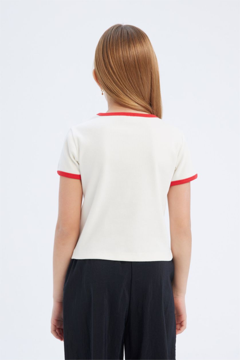 Kız Çocuk - Genç Kız Ekru Slim Fit Dar Kesim Bisiklet Yaka Baskılı Fitilli Kaşkorse Kısa Kollu Tişört Kız Çocuk