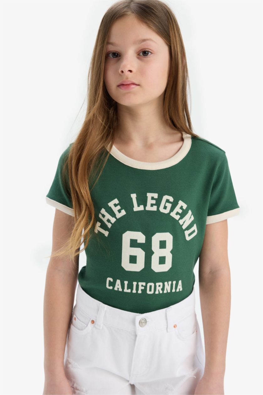 Kız Çocuk - Genç Kız Yeşil Slim Fit Dar Kesim Bisiklet Yaka Baskılı Fitilli Kaşkorse Kısa Kollu Tişört Kız Çocuk