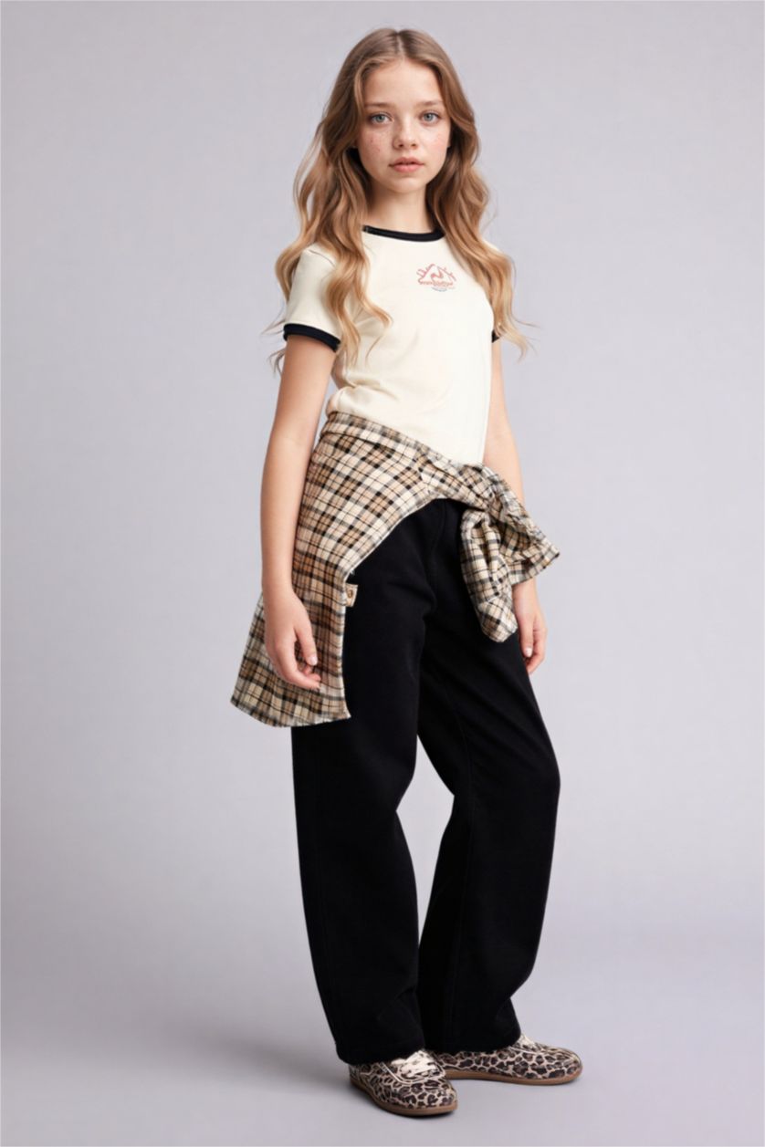 FILLES Écru T-shirt slim côtelé à manches courtes avec imprimé pour fille