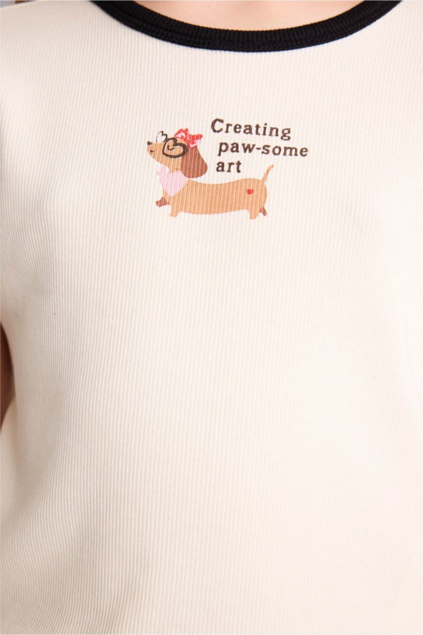 FILLES Écru T-shirt slim côtelé à manches courtes avec imprimé pour fille