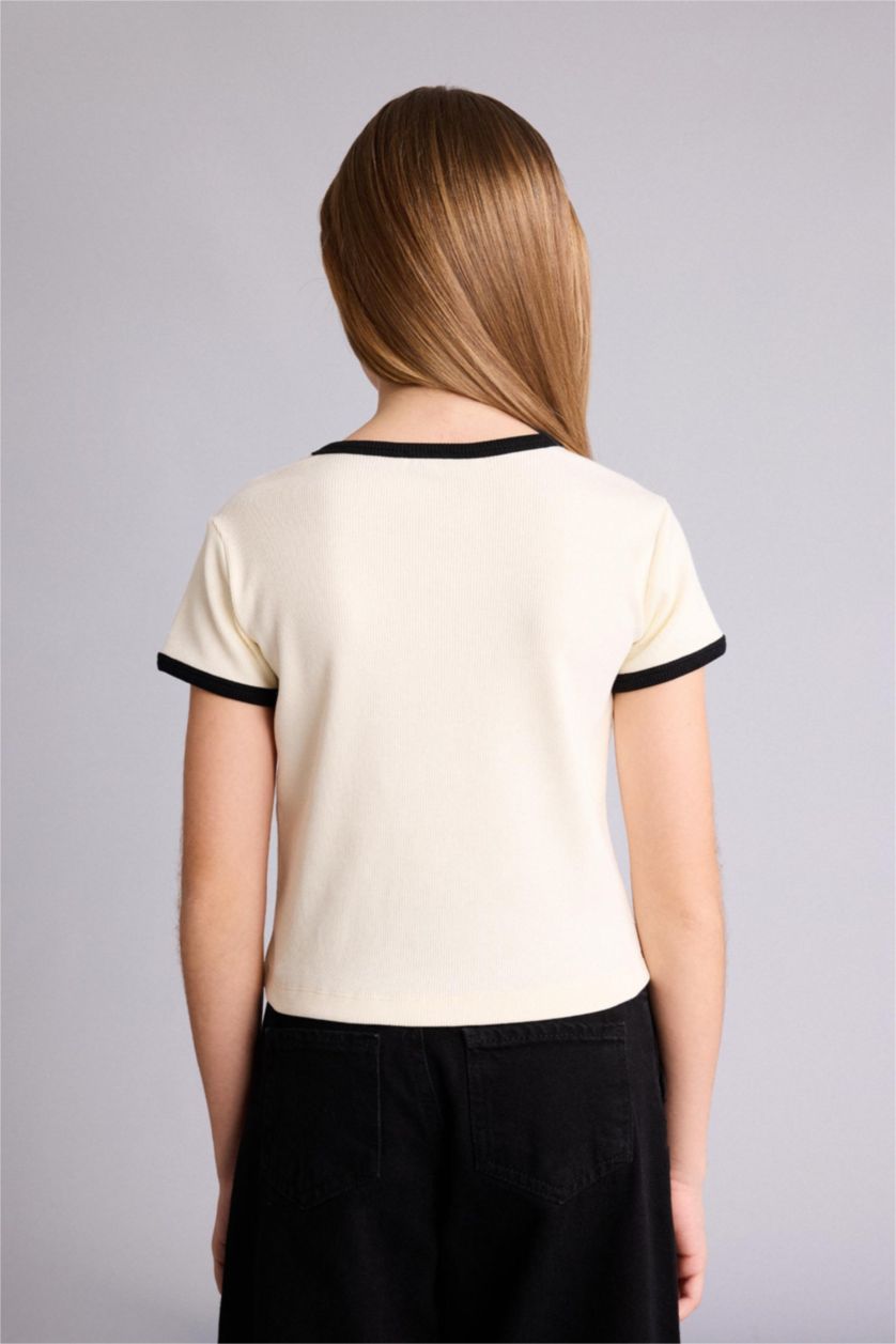 FILLES Écru T-shirt slim côtelé à manches courtes avec imprimé pour fille