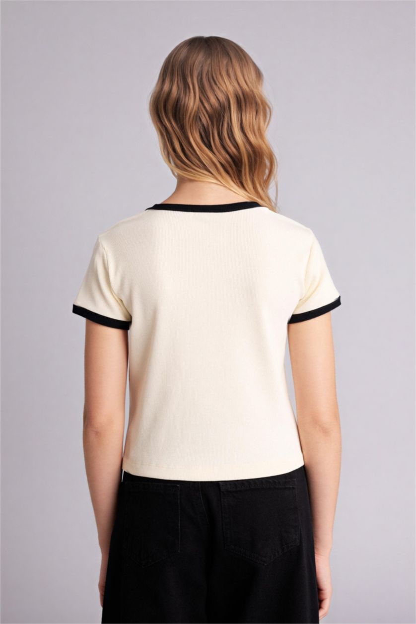 Kız Çocuk - Genç Kız Ekru Slım Fıt Baskılı Fitilli Kaşkorse Tişört Kız Çocuk