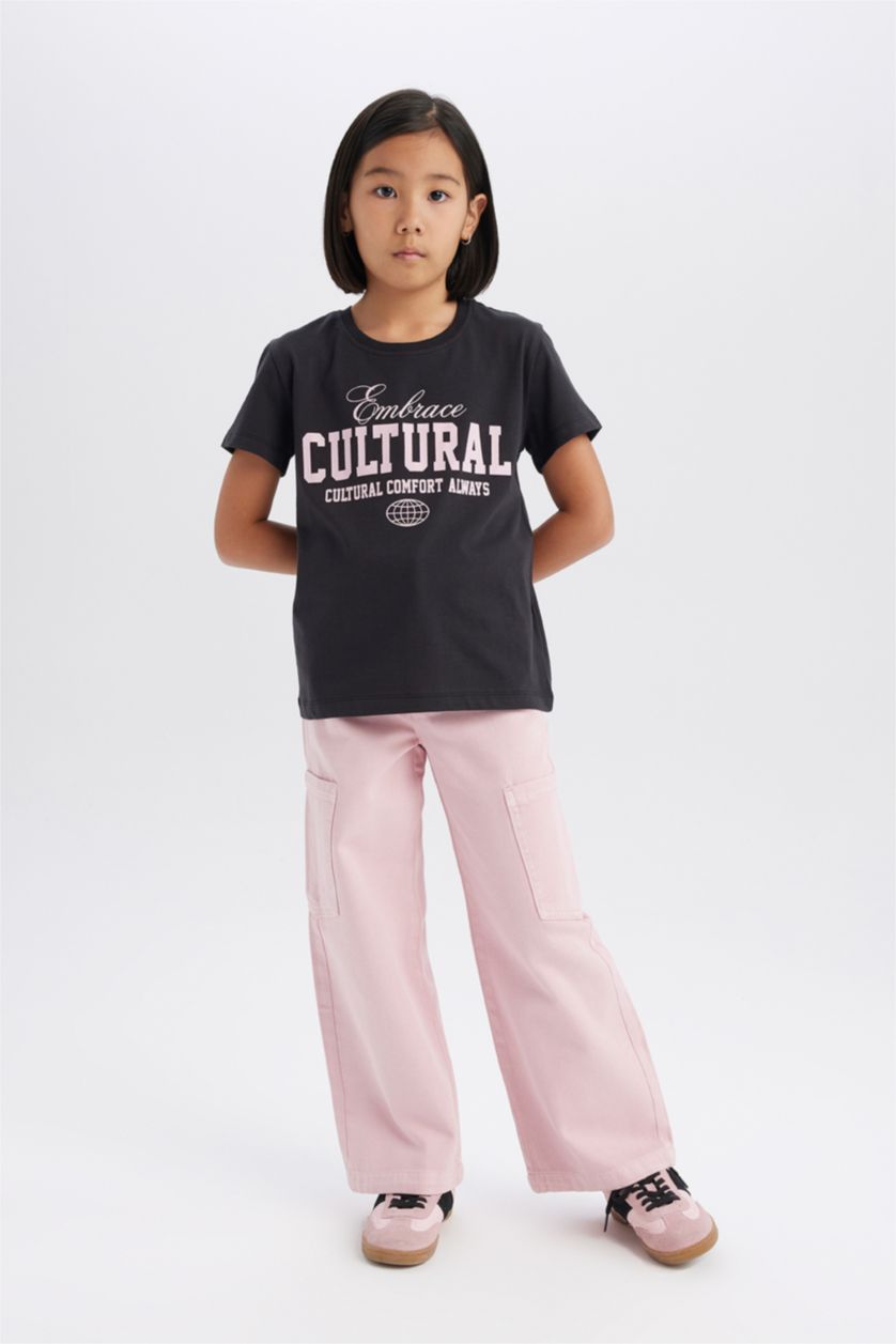 Kız Çocuk - Genç Kız Siyah Bisiklet Yaka Baskılı Kısa Kollu Tişört Kız Çocuk