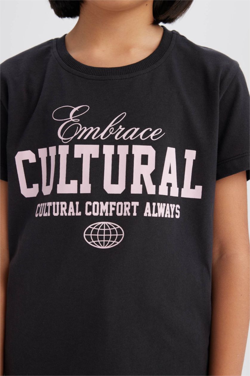 Kız Çocuk - Genç Kız Siyah Bisiklet Yaka Baskılı Kısa Kollu Tişört Kız Çocuk