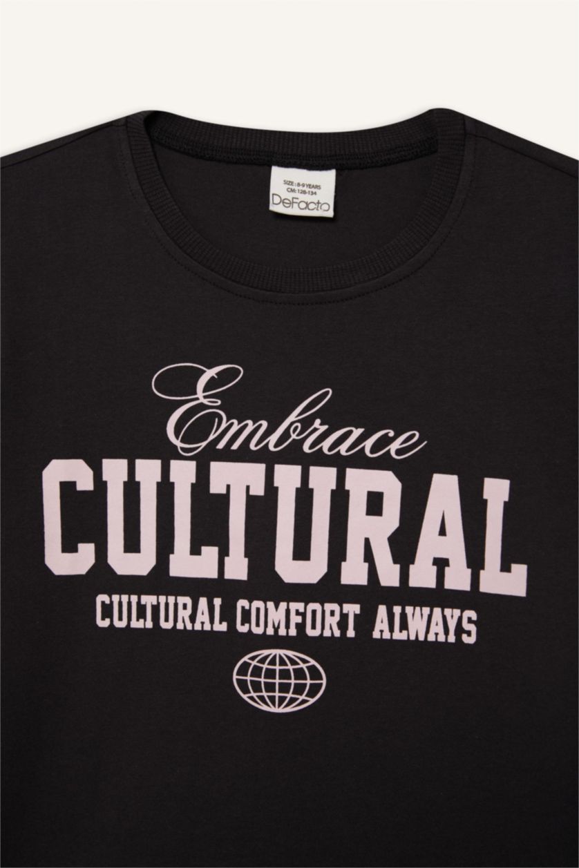 Kız Çocuk - Genç Kız Siyah Bisiklet Yaka Baskılı Kısa Kollu Tişört Kız Çocuk