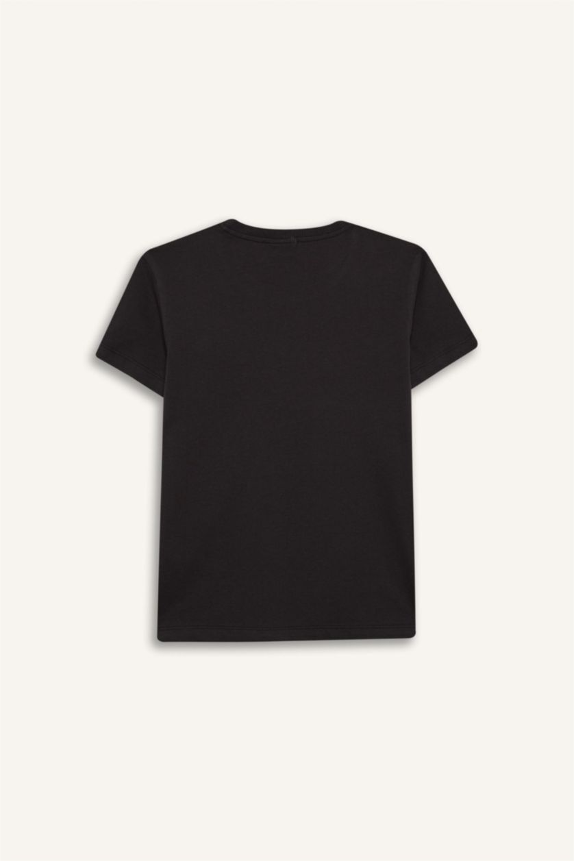 Kız Çocuk - Genç Kız Siyah Bisiklet Yaka Baskılı Kısa Kollu Tişört Kız Çocuk