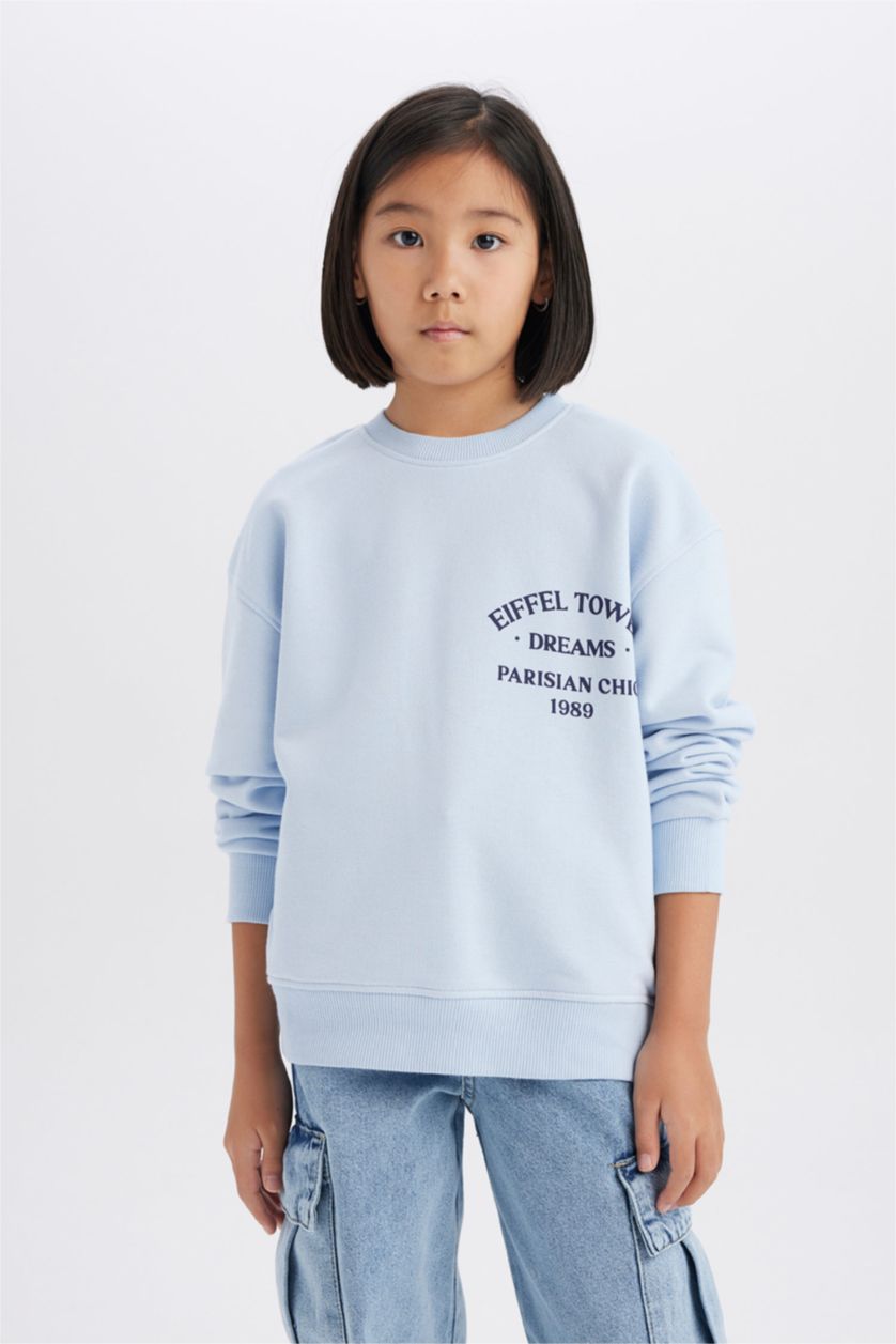 Kız Çocuk - Genç Kız Açık Mavi Relax Fit Bisiklet Yaka Baskılı Sweatshirt Kız Çocuk