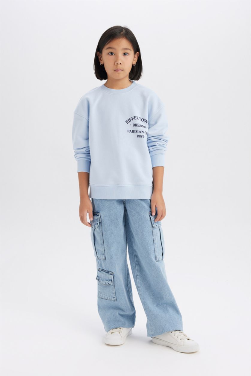Kız Çocuk - Genç Kız Açık Mavi Relax Fit Bisiklet Yaka Baskılı Sweatshirt Kız Çocuk